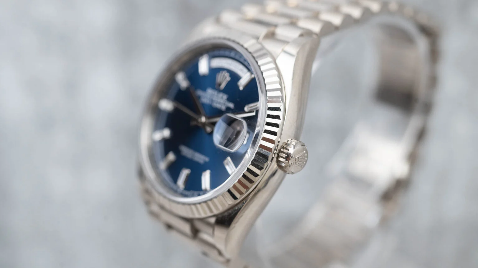 Rolex Day-Date 36 President White Bright Blue Baguette Dial 128239 – gallery view