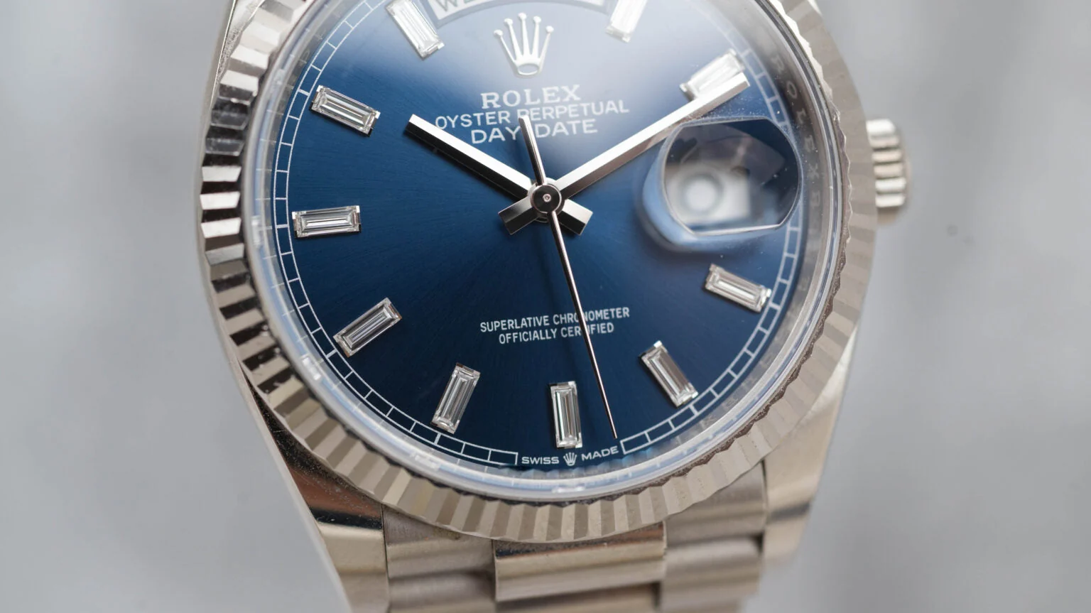 Rolex Day-Date 36 President White Bright Blue Baguette Dial 128239 – gallery view
