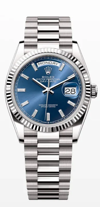 Rolex Day-Date 36 President White Bright Blue Baguette Dial 128239 – main view