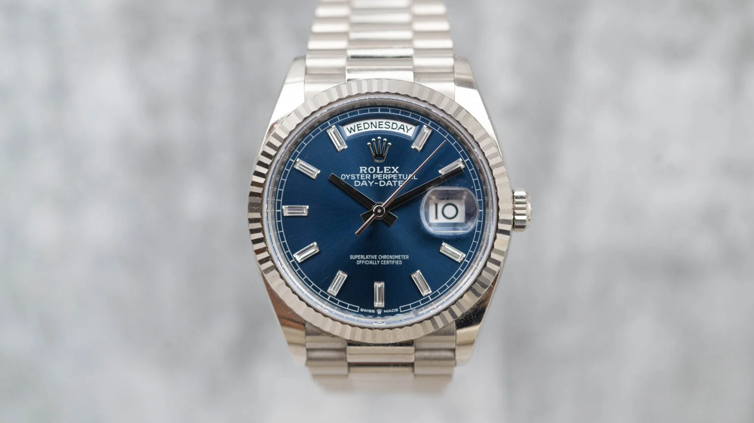 Rolex Day-Date 36 President White Bright Blue Baguette Dial 128239 – gallery view
