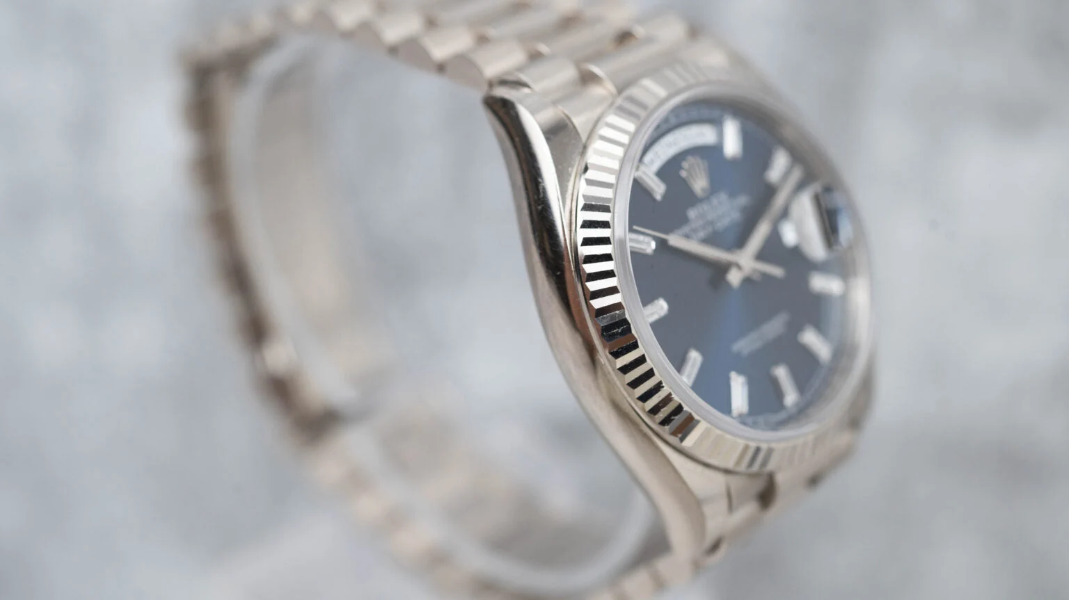 Rolex Day-Date 36 President White Bright Blue Baguette Dial 128239 – gallery view