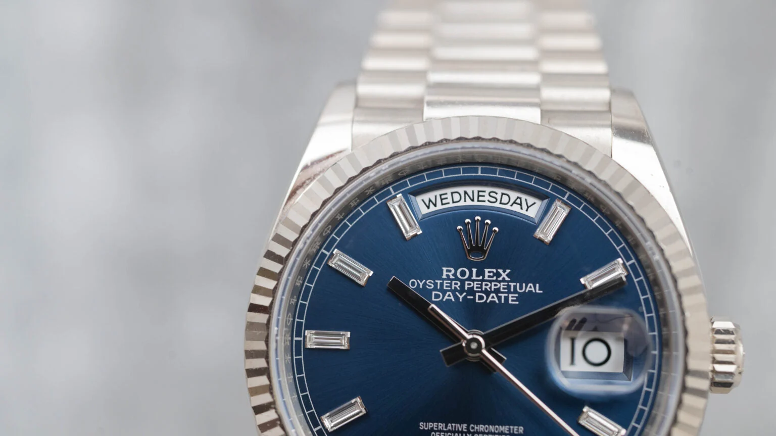 Rolex Day-Date 36 President White Bright Blue Baguette Dial 128239 – gallery view